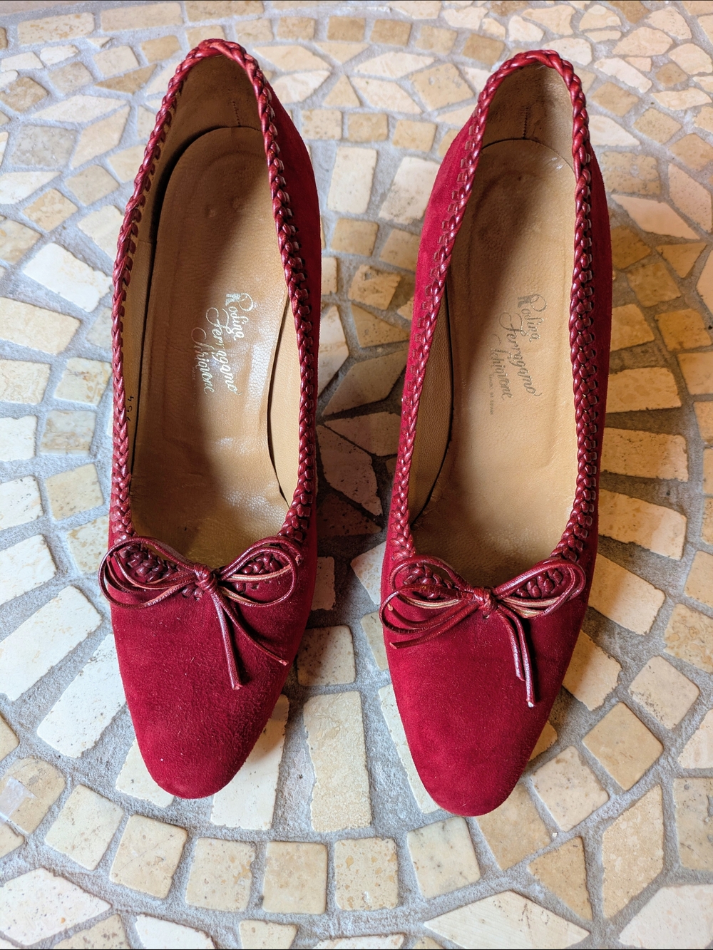 Rosina Ferragamo Red Suede Pointed-Toe Pumps with Braided Trim and Bow Accent